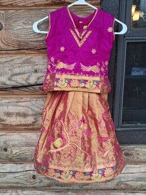 Authentic Indian Dress.  Magenta and Gold Embroidered Two-Piece Festive Set